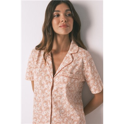 Pijama camisero 100% algodón flores naranja