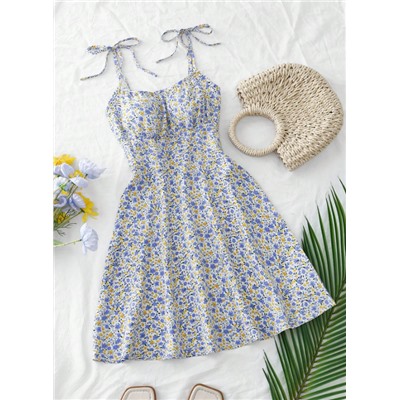 Breezaya Women's Ditsy Floral Ruched Bust Tie-Front Crop Cami Mini Dress