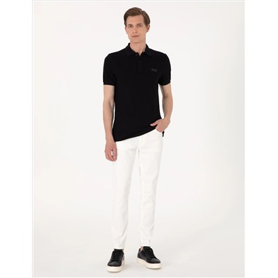 Siyah Slim Fit Örme Dokulu Polo Yaka Tişört