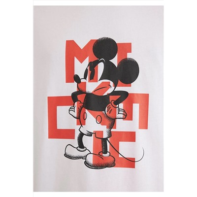 Mavi Mickey Mouse Baskılı Beyaz Tişört Boxy Fit 0612561-620