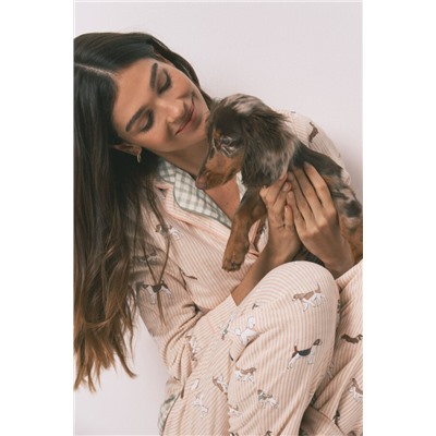 Pijama camisero largo 100% algodón estampado rayas y perritos