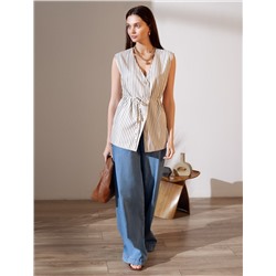 Удлиненный костюмный жилет в полоску с поясом из легкого хлопкового поплина