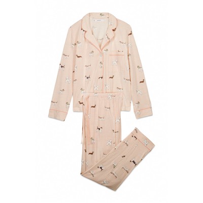 Pijama camisero largo 100% algodón estampado rayas y perritos