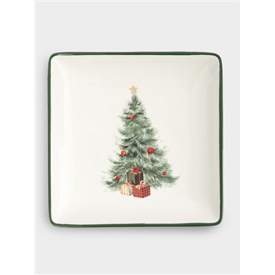 Блюдо, 22х22 см, керамика D, квадратное, зеленое, Елка с подарками, Festival