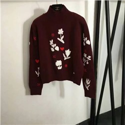 Chane * новая высокая версия из смесовой шерсти с жаккардовым узором Love Flower, теплая полуводолазка, пуловер с длинными рукавами, свитер-нижний свитер, белый, красный, 36, 38, 40, [размер 38; ширина плеч 41, обхват груди 94, длина рукава 57, длина одежды 53】