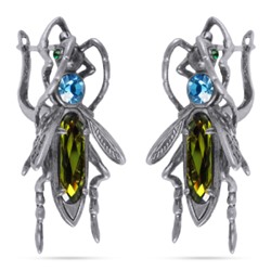 Серьги Кузнечик (кристаллы SW зеленые, голубые; покрытие античное серебро), Есть комплект