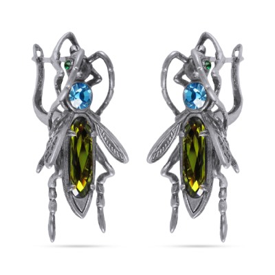 Серьги Кузнечик (кристаллы SW зеленые, голубые; покрытие античное серебро), Есть комплект