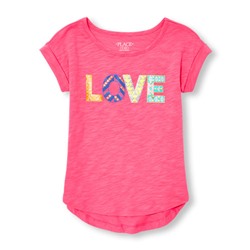 Girls Short Rolled Sleeve Embellished Graphic Hi-Low Top