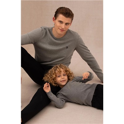 Erkek Çocuk Gri Melanj Basic Bisiklet Yaka Kazak