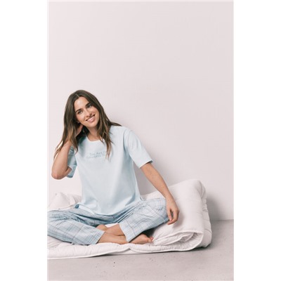 Pijama 100% algodón azul estampado cuadros