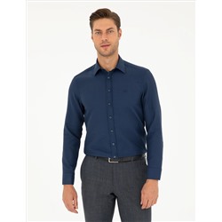 Lacivert Slim Fit Armürlü Uzun Kollu Gömlek