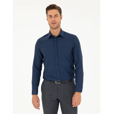 Lacivert Slim Fit Armürlü Uzun Kollu Gömlek