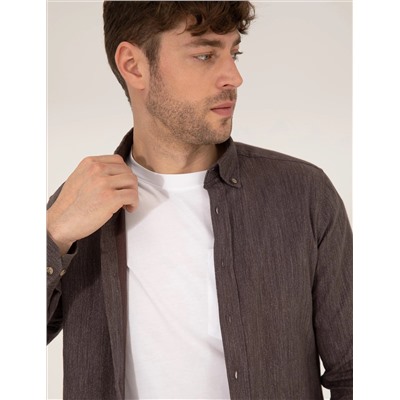 Kahverengi Slim Fit Uzun Kollu Gömlek