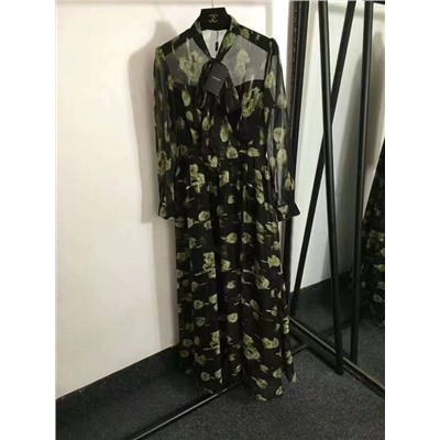 платье с длинными рукавами и принтом роз с бантом, длинная юбка, черный, S-XXL, [размер S; ширина плеч 36, обхват груди 82, обхват талии 68, длина рукава 57, длина 140]