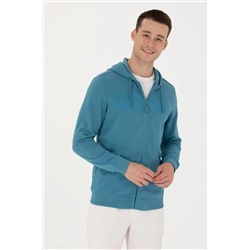 Erkek Petrol Kapüşonlu Örme Hırka