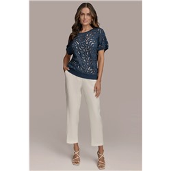 DROP SHOULDER CROCHET KNIT SWEATER