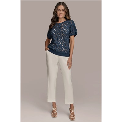 DROP SHOULDER CROCHET KNIT SWEATER