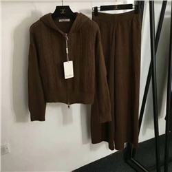 MaxMar* новый вязаный спортивный костюм, толстовка с высоким воротником и длинными рукавами с полумолнией + повседневные брюки, белый, розовый, черный, темно-коричневый, серый, абрикосовый, [один размер подходит всем, ширина плеч 60, обхват груди 120, длина рукава 55, длина одежды 58; талия 66, резинка, длина 101]