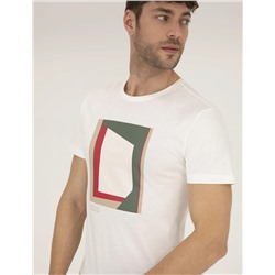 Ekru Slim Fit Baskılı Bisiklet Yaka Tişört