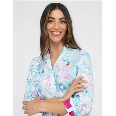 WATER FLORAL LINEN ROLL SLEEVE SHIRT