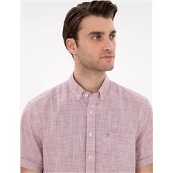 Bordo Keten Görünümlü Regular Fit Kısa Kollu Gömlek