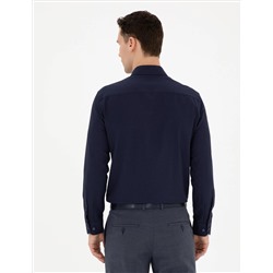 Lacivert Slim Fit Armürlü Uzun Kollu Gömlek