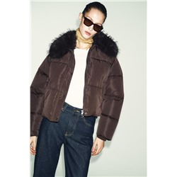 PUFFER BOMBER JACKET WITH FAUX FUR LAPEL
