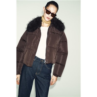 PUFFER BOMBER JACKET WITH FAUX FUR LAPEL