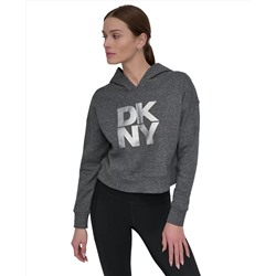 DKNY Women's Active Stacked Metallic-Logo Hooded Top