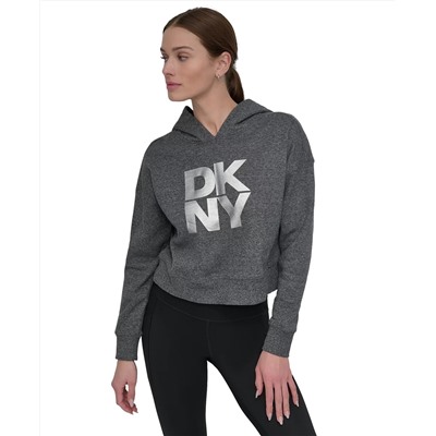 DKNY Women's Active Stacked Metallic-Logo Hooded Top