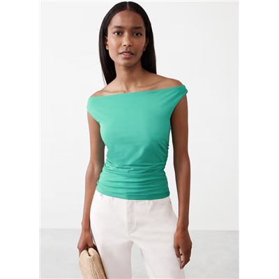 Soft Stretch Shirred-Waist Boat-Neck Top