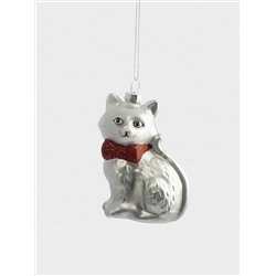 Игрушка елочная, 7х9 см, стекло, серебристая, Кошка, New year