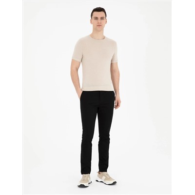 Bej Slim Fit Bisiklet Yaka Triko Tişört