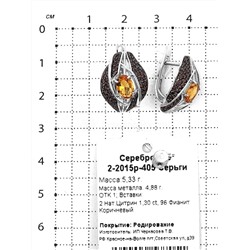 Серьги из серебра с нат. цитрином и фианитами родированные 925 пробы 2-2015р-405