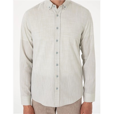 Çağla Keten Görünümlü Slim Fit Uzun Kollu Gömlek