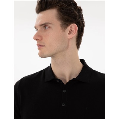 Siyah Slim Fit Düğmeli Polo Yaka Triko Tişört