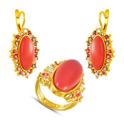 Комплект (коралл, кристаллы микс; покрытие золото)