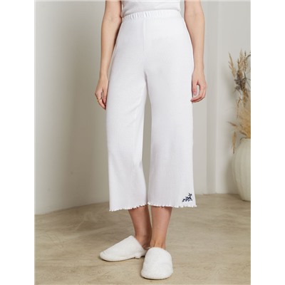 Укороченные брюки с поясом на резинке из фактурного трикотажа в рубчик с вышивкой