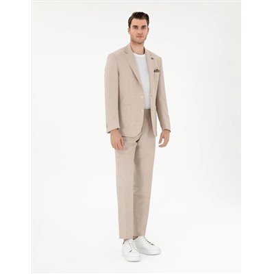 Açık Kahverengi Slim Fit Keten Karışımlı Pileli Pantolon