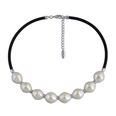 Колье Гевея (Майорка 16мм белая, каучук черный; покрытие родий) 42-47см, Есть комплект