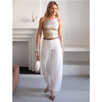 Топ с закрытым декольте из хлопка с эластаном в рубчик с матовым покрытием металлик