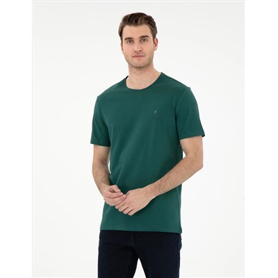 Koyu Yeşil %100 Pamuk Slim Fit Bisiklet Yaka Basic Tişört