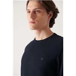 Lacivert Bisiklet Yaka Önü Dokulu Pamuklu Triko Kazak