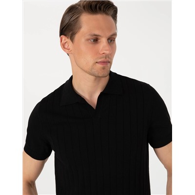 Siyah Slim Fit  %100 Pamuk Polo Yaka Triko Tişört