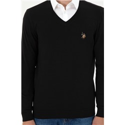Erkek Slim Fit V Yaka Siyah Basic Kazak