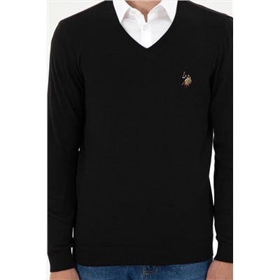 Erkek Slim Fit V Yaka Siyah Basic Kazak