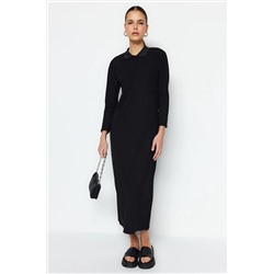 TRENDYOL MODEST Siyah Polo Yaka Fitilli Örme Elbise TCTSS23EB00246