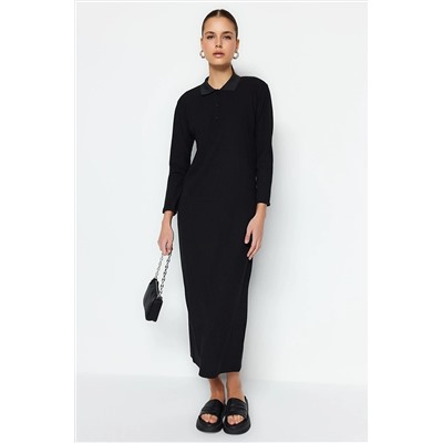 TRENDYOL MODEST Siyah Polo Yaka Fitilli Örme Elbise TCTSS23EB00246