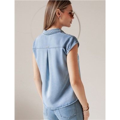Укороченная блузка с коротким рукавом из джинсового лиоцелла