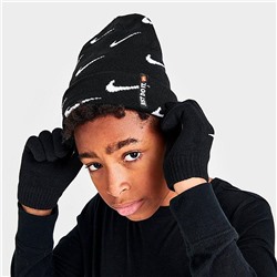 KIDS' NIKE SWOOSH REPEAT ALLOVER PRINT BEANIE AND GLOVES SET